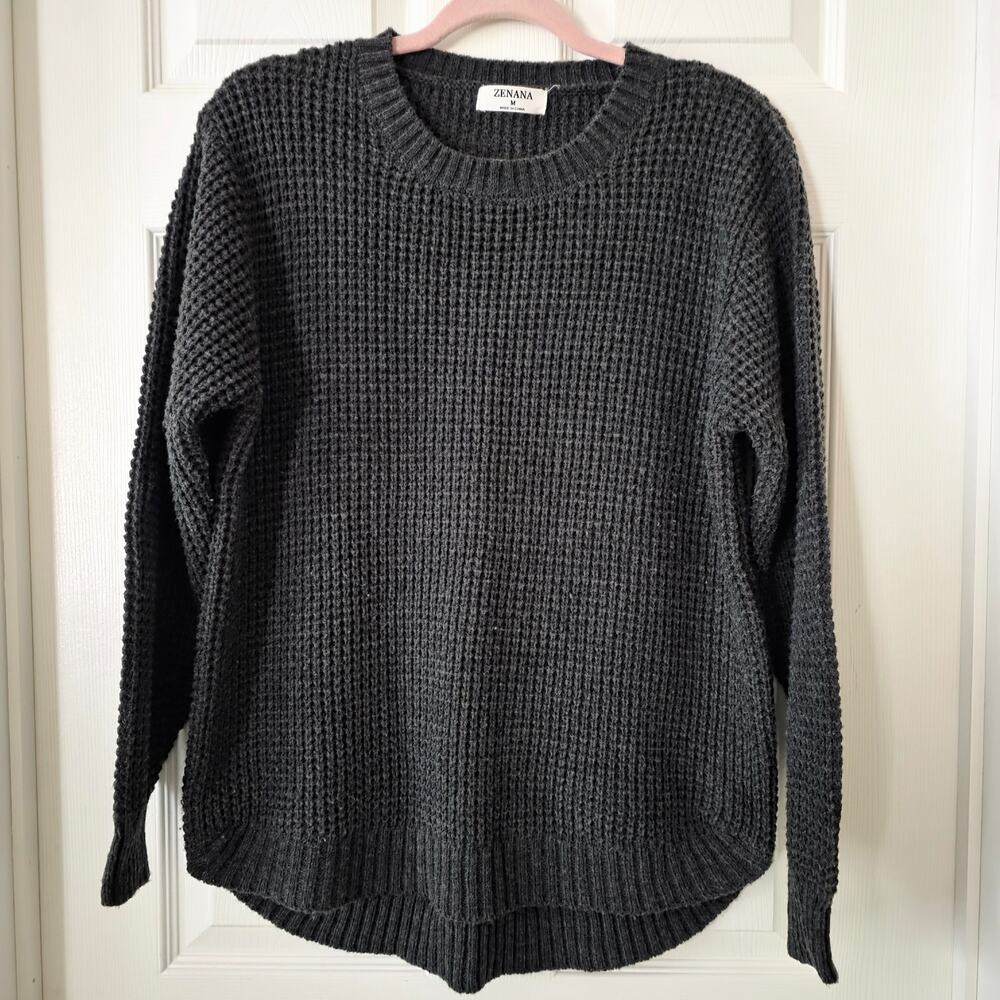 Zenana Charcoal Gray Scoop Neck High-Low Sweater Size Medium